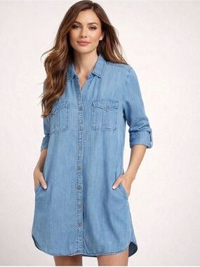 Philosophy Army Green Chambray Tunic  Shirt Dress with Pockets